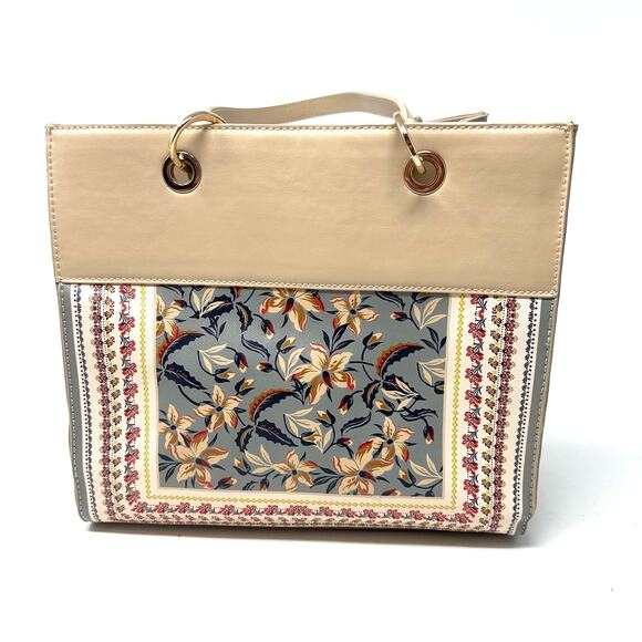 Spartina 449 Designer Hand Bag Tan Blue Floral Leather Purse Snap Close Tassels‎ - Picture 3 of 9